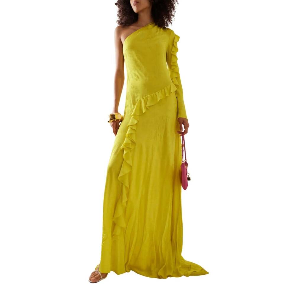 ALEJANDRA ALONSO ROJAS - One Shoulder Yellow Silk Ruffle Dress - US 4 - Picture 3 of 7